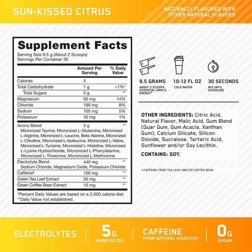 Optimum Nutrition Essential AMIN.O. ENERGY + Electrolytes *new* Sun-kissed Citrus 0.63 lb (30 Servings) Slovenija | BWU-809642
