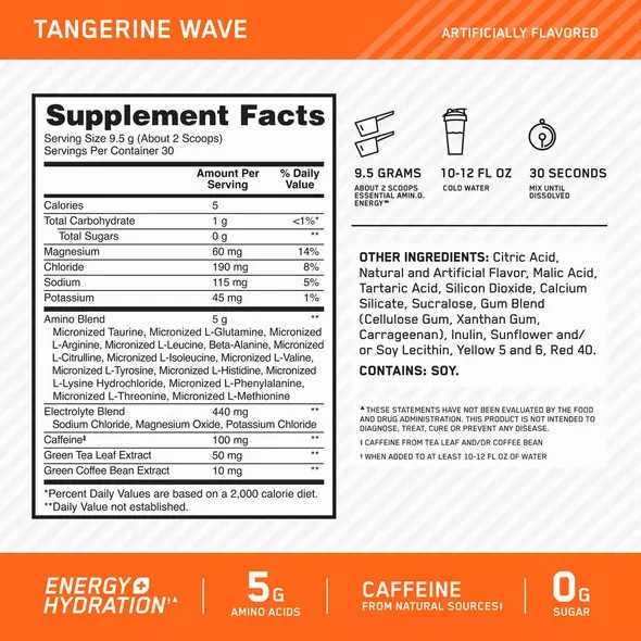 Optimum Nutrition Essential AMIN.O. ENERGY + Electrolytes Tangerine Wave 0.63 lb (30 Servings) Slovenija | OXQ-971865
