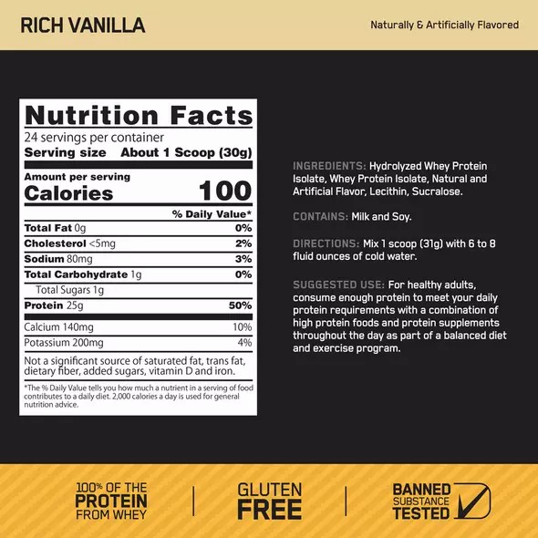 Optimum Nutrition GOLD STANDARD® 100% Isolate Rich Vanilla 2.91 lb (44 Servings) Slovenija | ABS-635789
