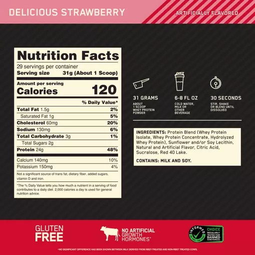 Optimum Nutrition GOLD STANDARD 100% WHEY™ Delicious Strawberry 2 lb (29 Servings) Slovenija | WDK-381527