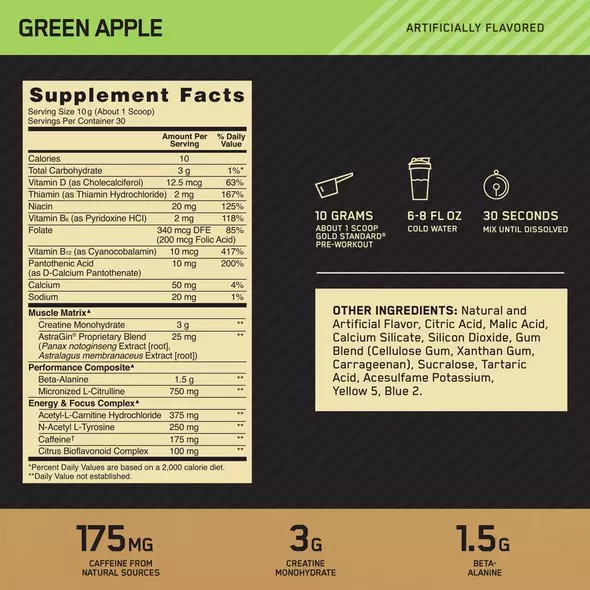 Optimum Nutrition GOLD STANDARD® Pre-Workout Green Apple 0.66 lb (30 Servings) Slovenija | LHF-672059