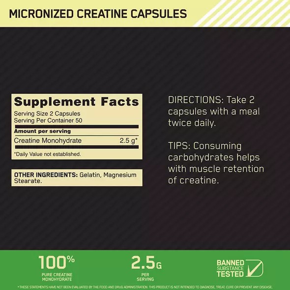 Optimum Nutrition Micronized Creatine Capsules 100 Capsules (50 Servings) Slovenija | BQA-934581