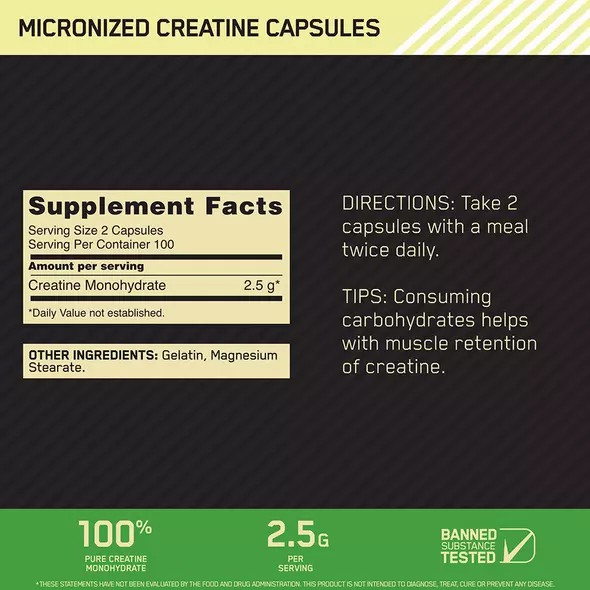 Optimum Nutrition Micronized Creatine Capsules 200 Capsules (100 Servings) Slovenija | TVK-390187