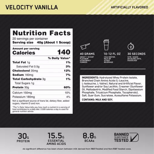 Optimum Nutrition PLATINUM HYDROWHEY™ Velocity Vanilla 1.76 lb (20 Servings) Slovenija | ZBW-316278