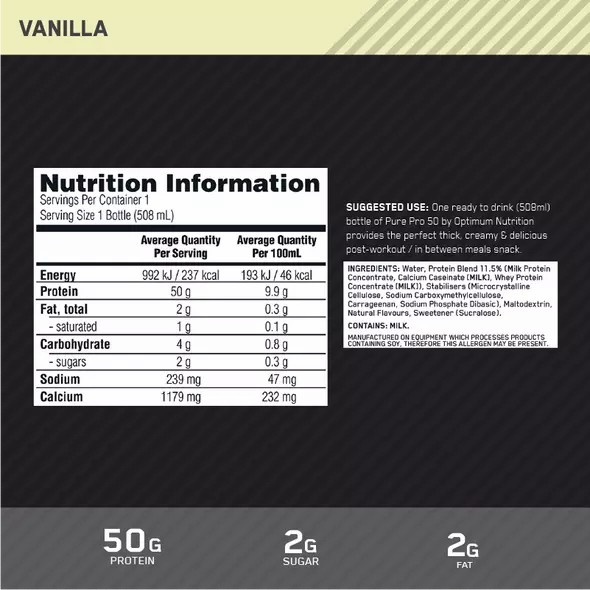 Optimum Nutrition Pure Pro 50 Vanilla 508ml (12 bottles) Slovenija | WJE-102897
